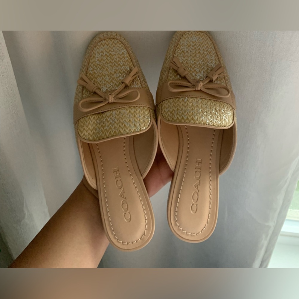 COPY - NWOB Coach STASSI Natural & Metallic Raffia Straw Slide Mule Slip On siz…
